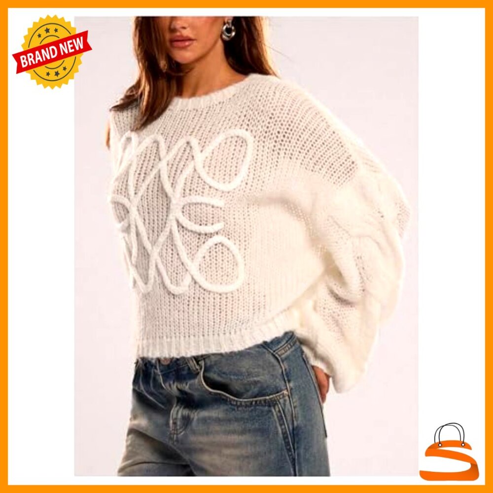 Oversized Y2K Crochet Knit Pullover Sweater Long Sleeve Crew Neck - Picture 3 of 5